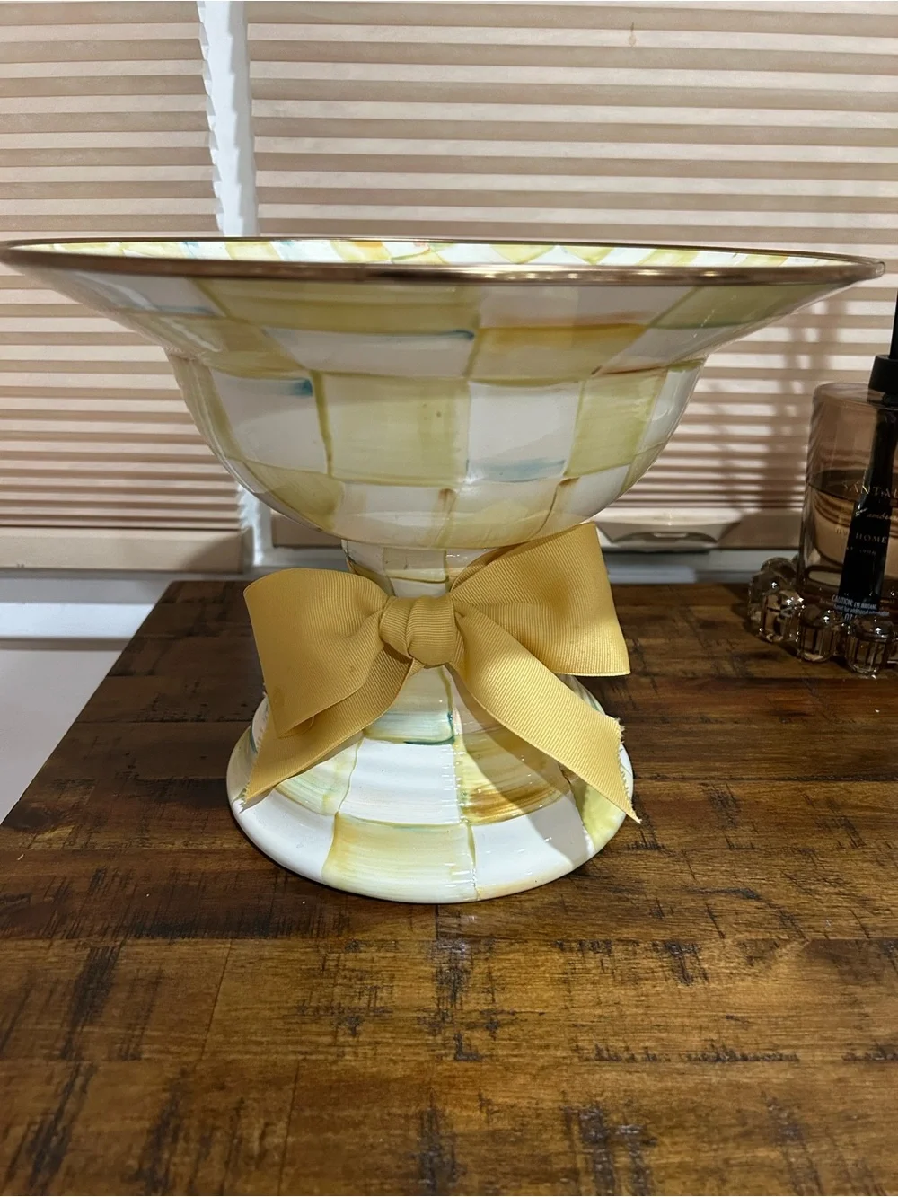 Mackenzie Childs parchment check discontinued and rare large compote